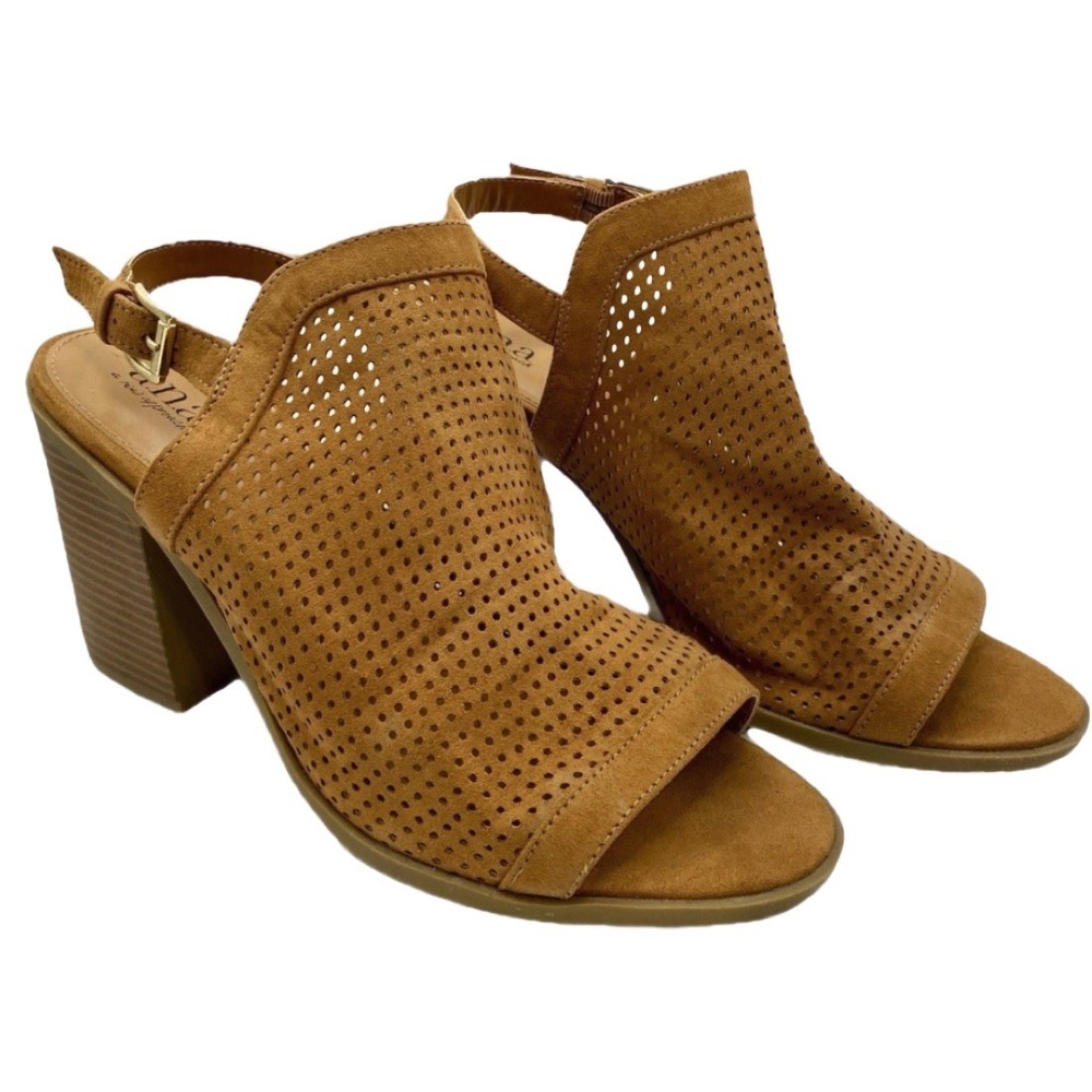 ANA Madelyn Wide Block Heel Sandals Cognac Vegan Suede Womans 9.5 Peep Toe